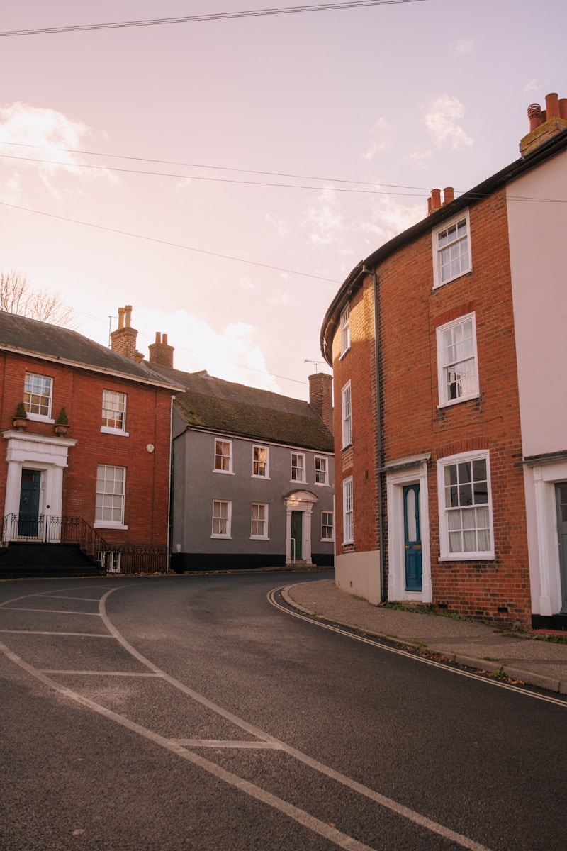 A street in a small town with brick buildings